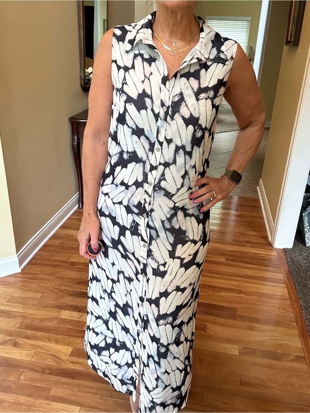 CAbi Black & White Sleeveless Button-Front Maxi Dress